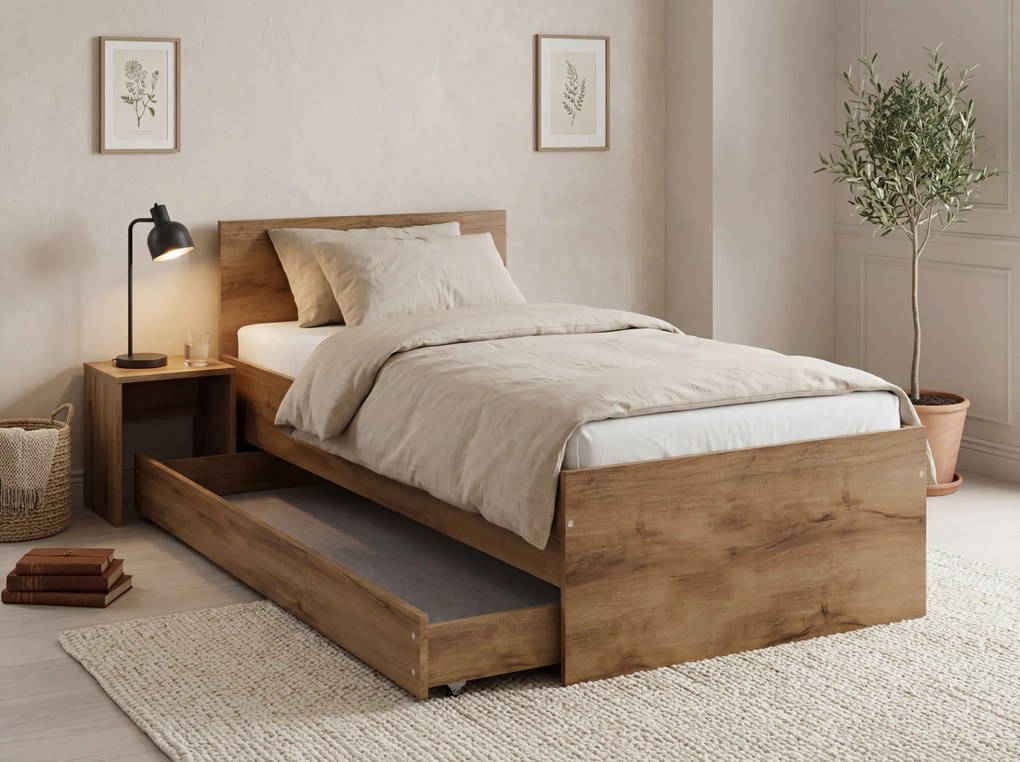 Pat ELISA 90 x 200 cm, stejar artisan Saltele: Cu saltele Coco Maxi 20 cm, Somiera pat: Cu lamele drepte