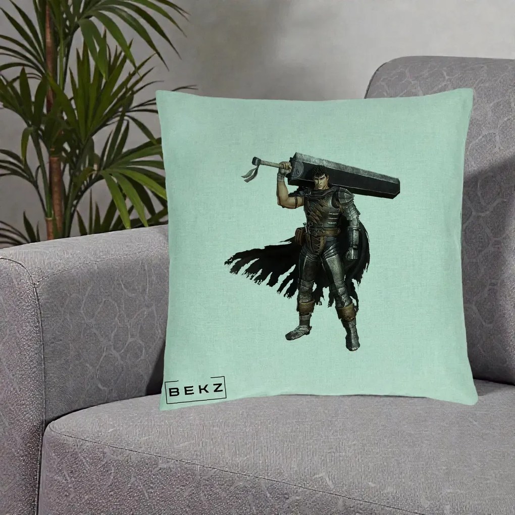 Perna Personalizata Berserk Guts Luptatorul Negru, 40x40 cm, Verde Menta, Husa Detasabila, Perna Inclusa, BEKZ®