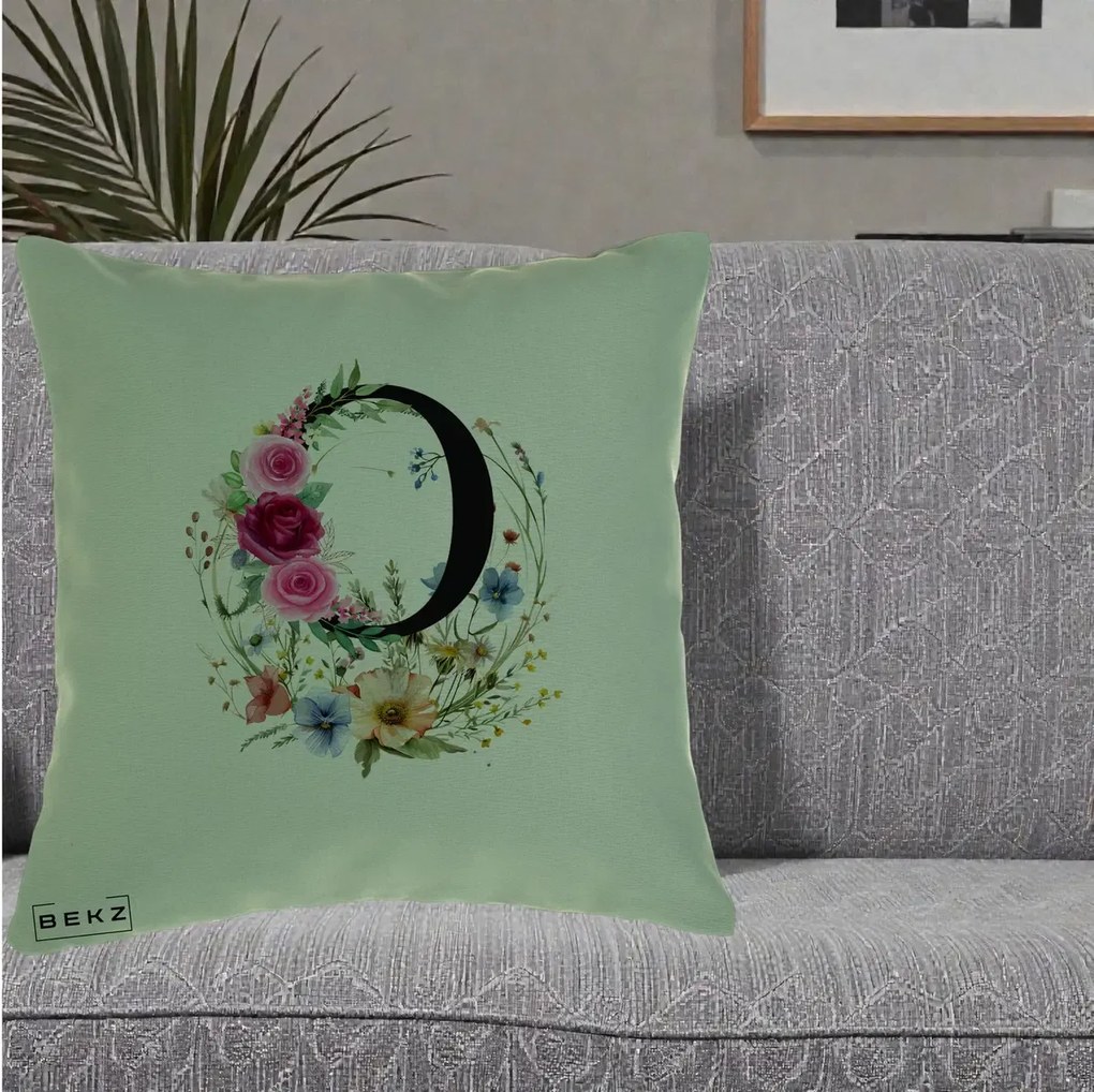 Cadou Personalizat - Perna Personalizata Monogram Litera O cu Flori Acuarela, 40x40 cm, Verde, Husa Detasabila, Perna Inclusa, BEKZ®