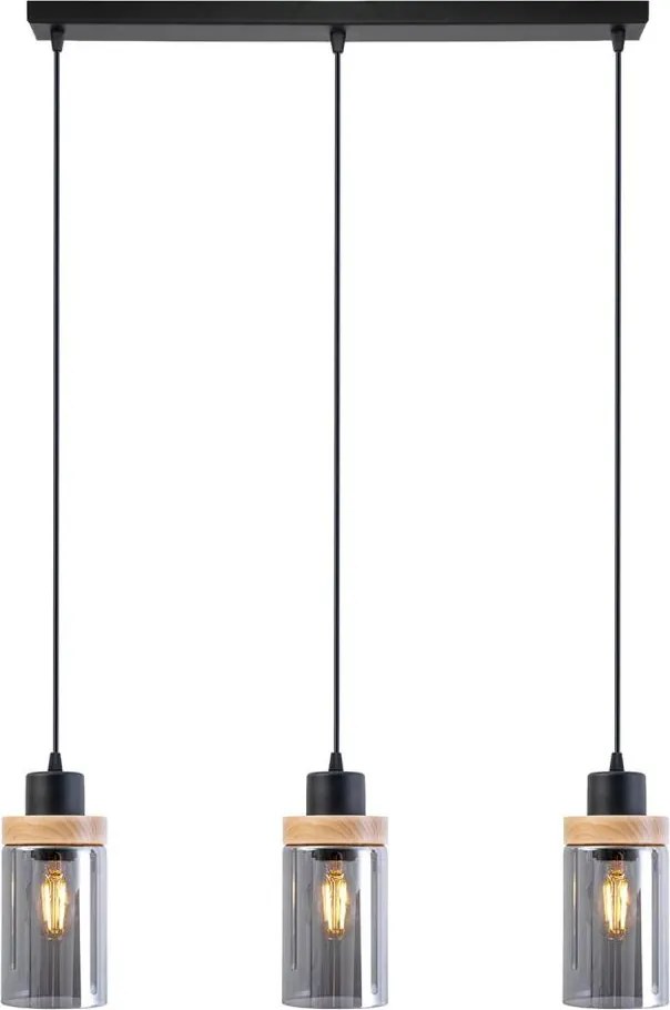 Lustră suspendată pe cablu WOODNEST 3xE27/15W/230V pin/negru fumuriu