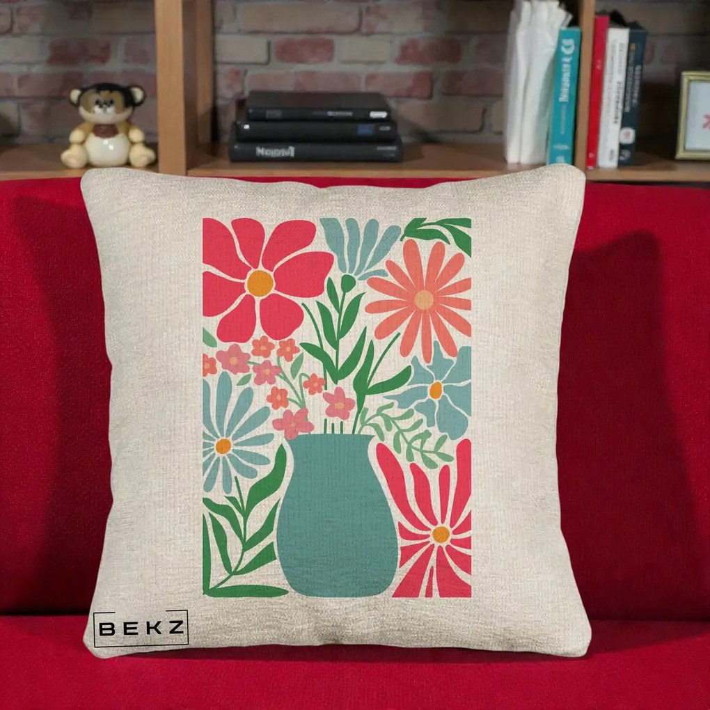Perna Decorativa Flori in Vaza Turcoaz, 40x40 cm, Bej Canapea, Husa Detasabila, Perna Inclusa, BEKZ®
