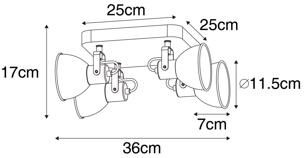 Proiector industrial negru cu lemn inclinabil cu 4 lumini - Tommy