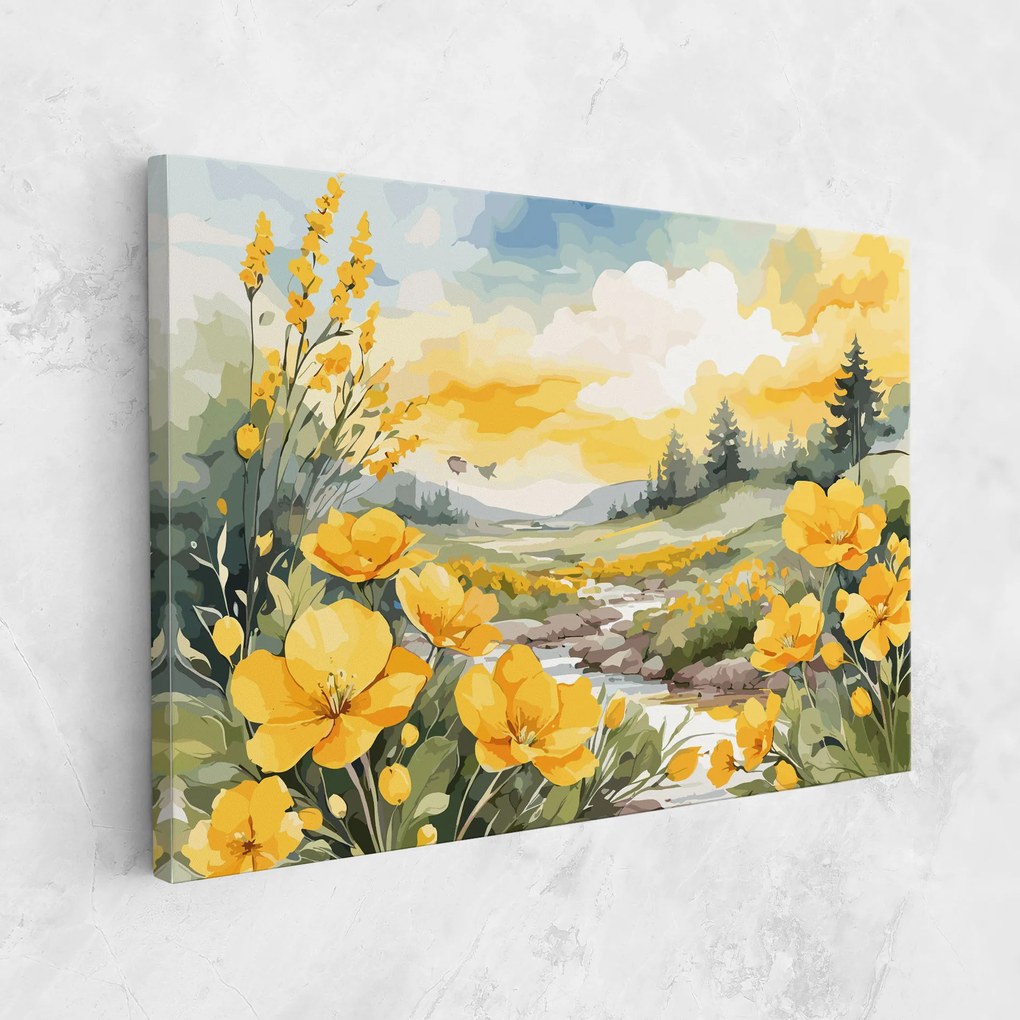 Tablou Canvas, 30x40cm, Dormitor si Living, Flori, Flori in natura, Vector_nature_landscape_with_beautiful_yellow_flowers_watercolor
