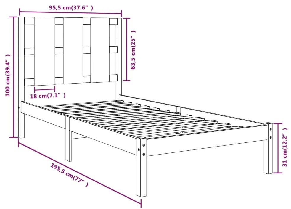 Cadru de pat Single 3FT, gri, 90x190 cm, lemn masiv Gri, 90 x 190 cm