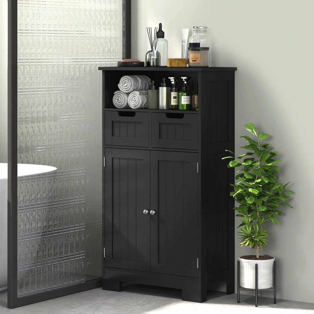 kleankin Mobilier Baie Multi-rangamente Mare Niche 2 sertare Dulap Ușă Dublă cu raft Negru | Aosom Romania