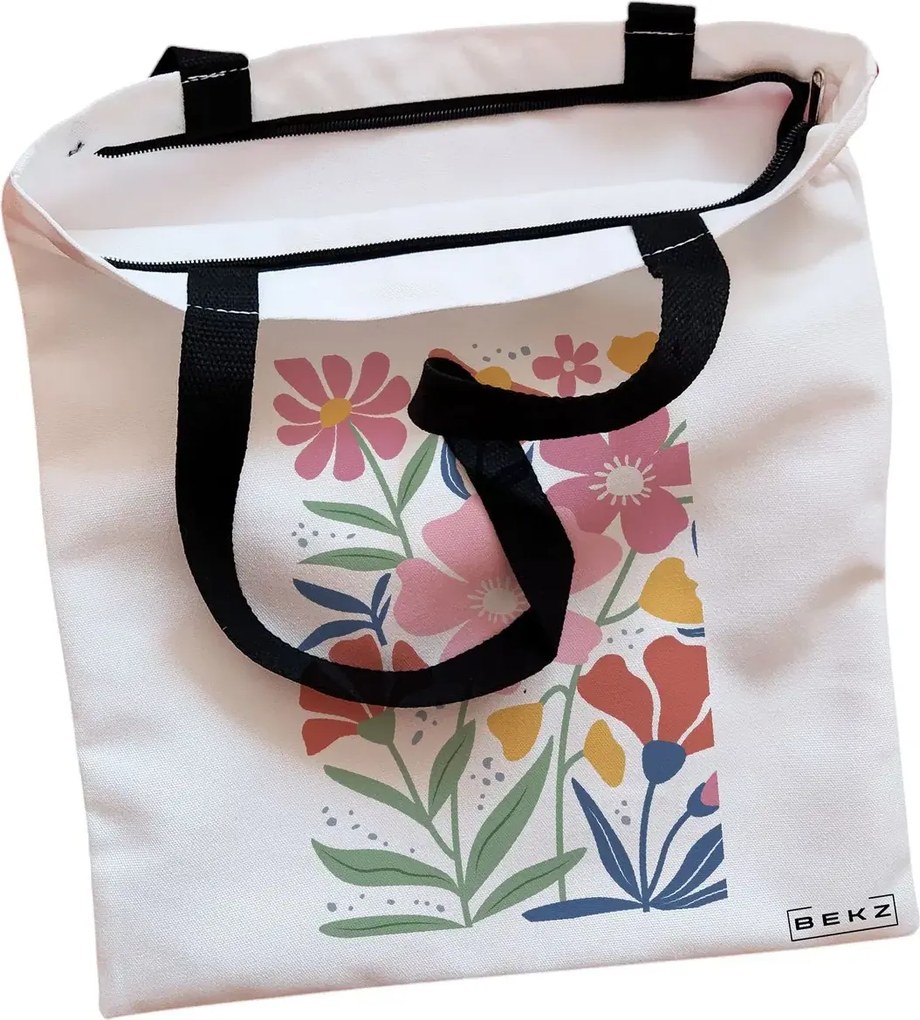 Sacosa de Panza pentru Cumparaturi, Geanta Tote, Boho Style 16, Cu fermoar, 38x34.5 cm, Alba, BEKZ®