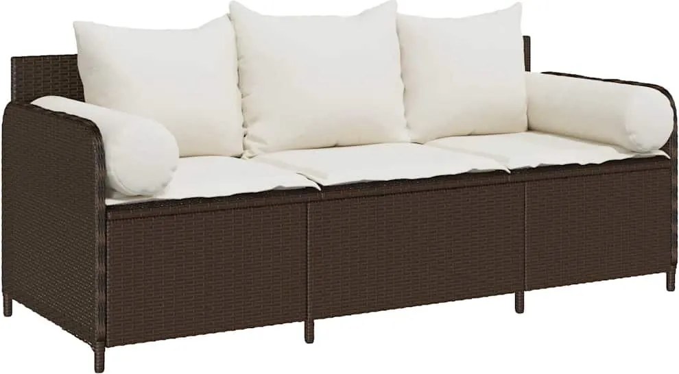 vidaXL Canapea de grădină cu perne, 3 locuri, maro, poliratan