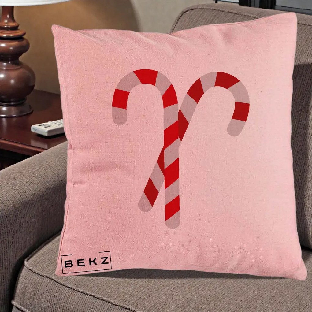 Perna Decorativa Candy Cane de Craciun, 40x40 cm, Roz, Husa Detasabila, Perna Inclusa, BEKZ®