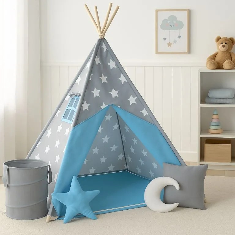 Cort Teepee pentru copii , albastru / gri, cu accesorii