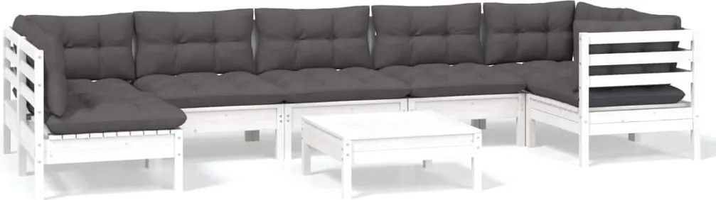 vidaXL Set mobilier de grădină cu perne, 8 piese, alb, lemn de pin