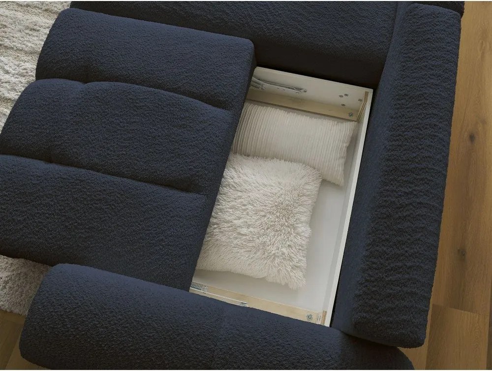 Colțar albastru extensibil/cu spațiu de depozitare cu tapițerie din țesătură bouclé (cu colț pe partea stângă/cu șezlong) Roxelane – Bobochic Paris