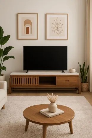 Comoda TV, natur, din lemn de acacia si blat din terrazo, Brione