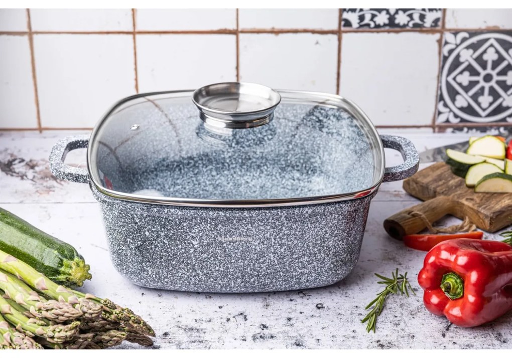 Oală pătrată cu capac 28x28 cm, 6.5L – Klausberg KB 7532, strat marmură antiaderent, gri, compatibilă cu inducție și plite clasice