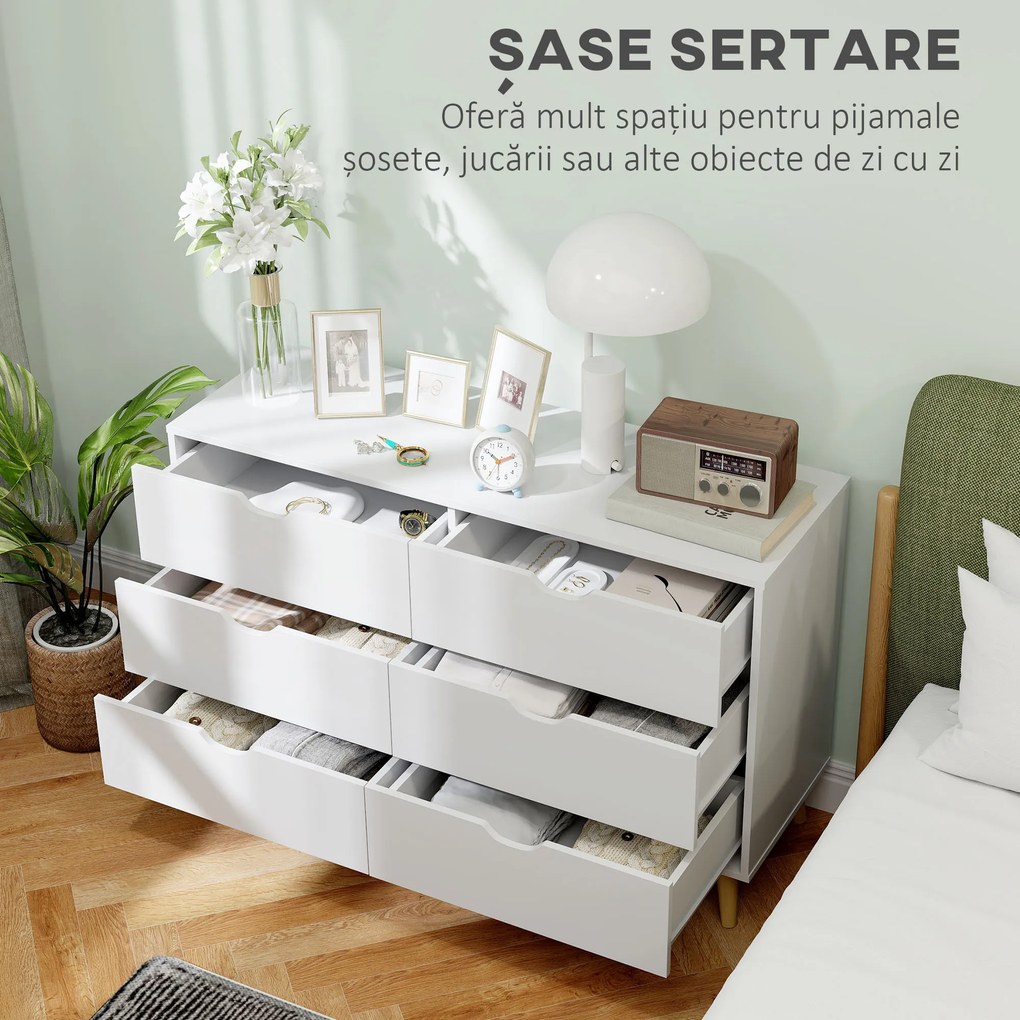 HOMCOM Comodă cu 6 Sertare și Mânere, Comodă din Lemn de Pin și Melamină, 120x40x76 cm, Alb