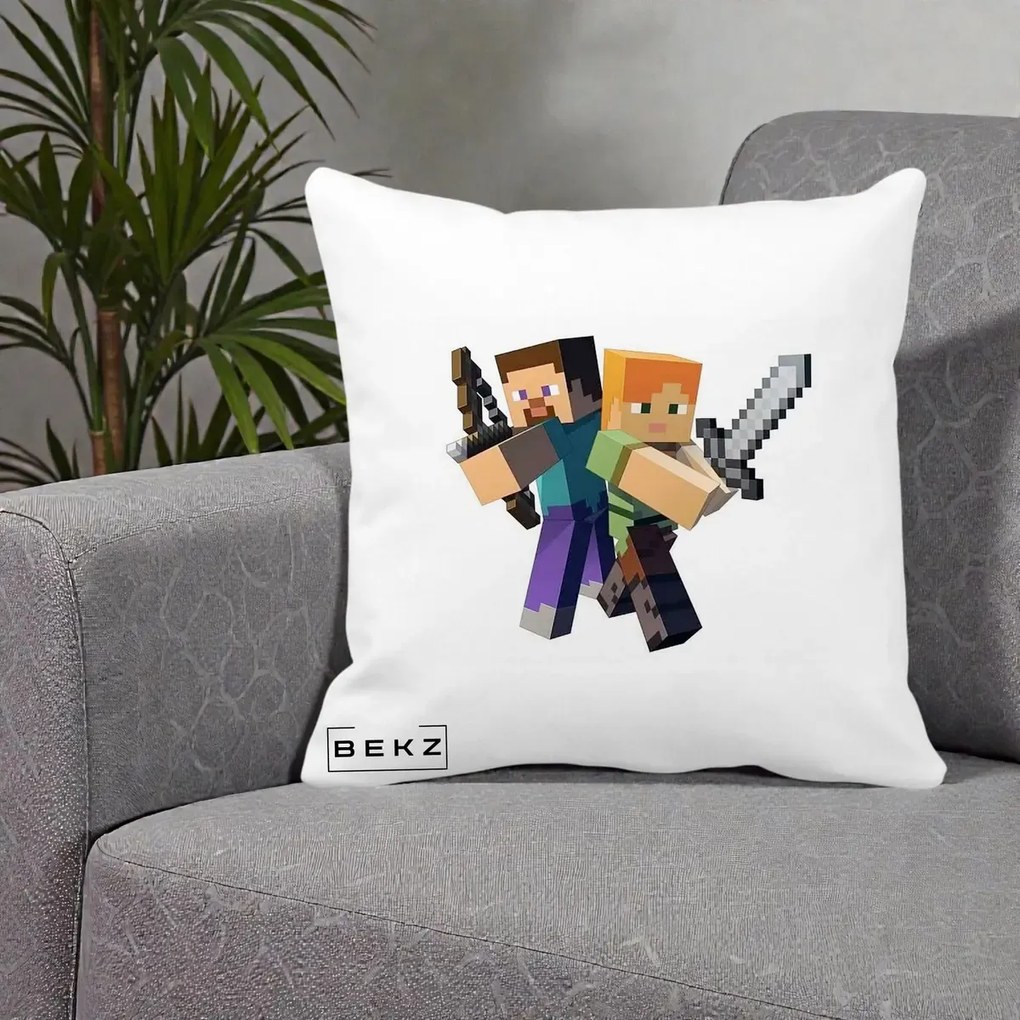 Perna Personalizata Minecraft Steve si Alex, 40x40 cm, Alba Mata, Husa Detasabila, Perna Inclusa, BEKZ®