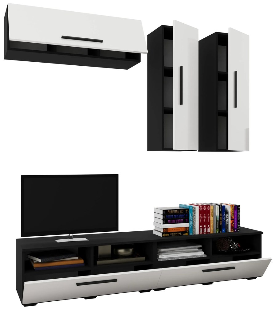 Living Kos V10, Negru/Alb Lucios, MDF, L 190 cm
