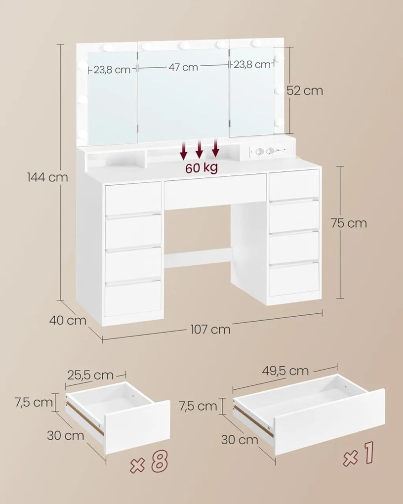 Masuta machiaj cu Oglinda LED si 9 Sertare pentru Cosmetice, Set Masa toaleta 107 cm, Alb, masuta cosmetica, vanity - SEA11