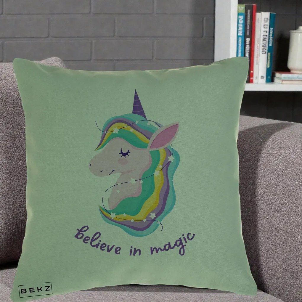 Perna Decorativa Unicorn Believe in Magic, 40x40 cm, Verde, Husa Detasabila, Perna Inclusa, BEKZ®