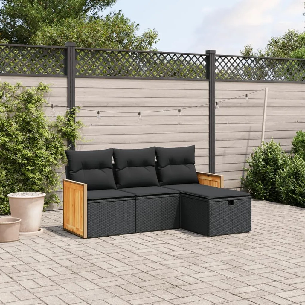 vidaXL Set mobilier de grădină cu perne, 4 piese, negru, poliratan