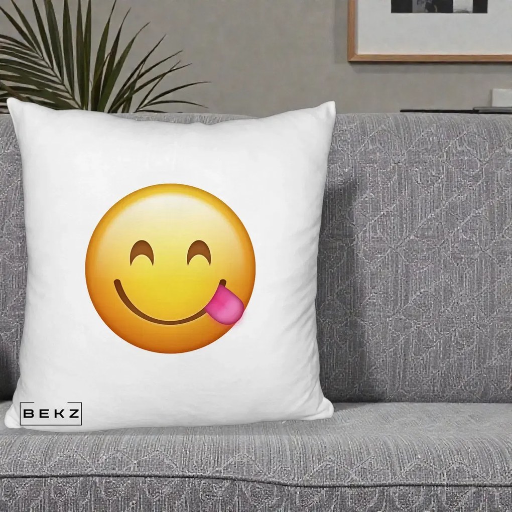 Perna Decorativa Emoji Limba Scoasa, 40x40 cm, Alb Pufos, Husa Detasabila, Perna Inclusa, BEKZ®