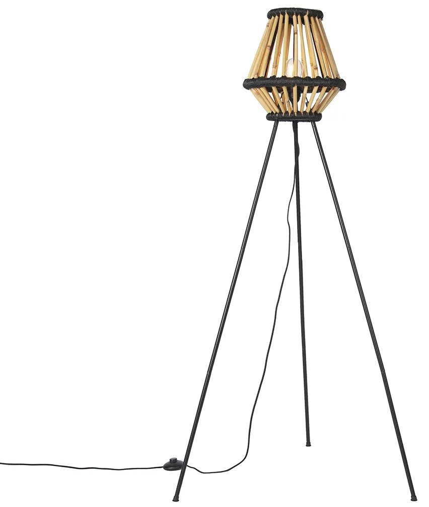 Lampă de podea cu trepied oriental din bambus cu negru - Evalin