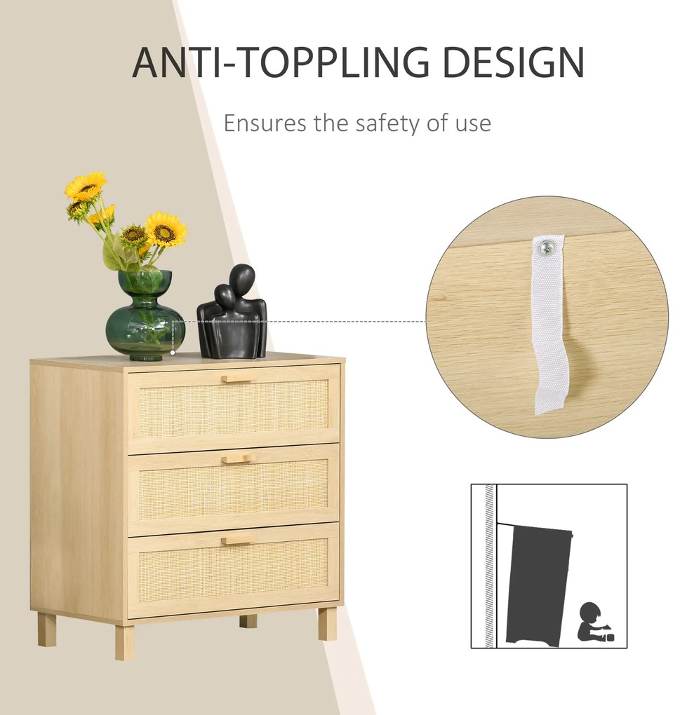HOMCOM Casetiera cu 3 din lemn si ratan pentru camera de zi si dormitor, 80x40x80cm Culoare Lemn Natural | AOSOM.ro