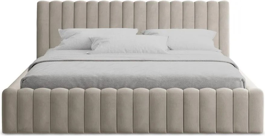 Pat matrimonial taupe tapițat cu spațiu de depozitare cu somieră 140x200 cm Lemi – Makamii