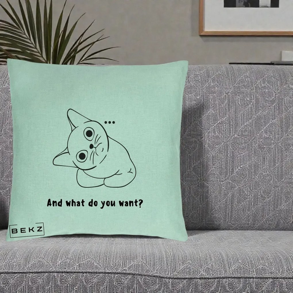 Perna Decorativa And What Do You Want Cat, 40x40 cm, Verde Menta, Husa Detasabila, Perna Inclusa, BEKZ®