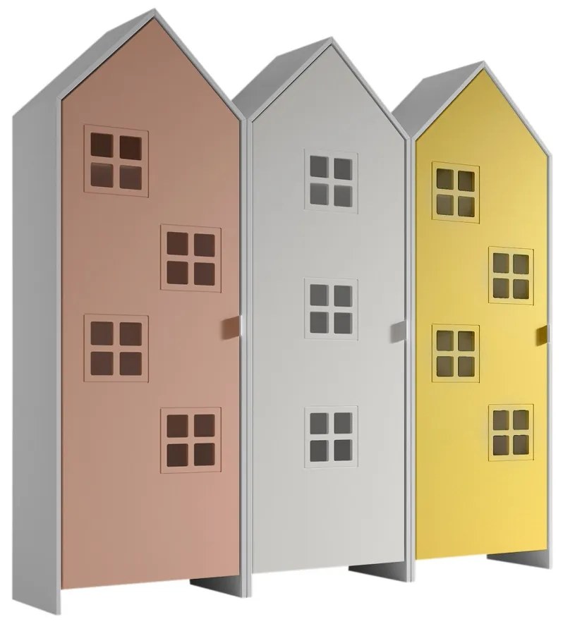 Set 3 dulapuri pentru copii Casami Bruges tip colibă de plajă – 1 cu ușă albă, 1 cu ușă Roz Confortabil și 1 cu ușă Galben Strălucitor – Vipack