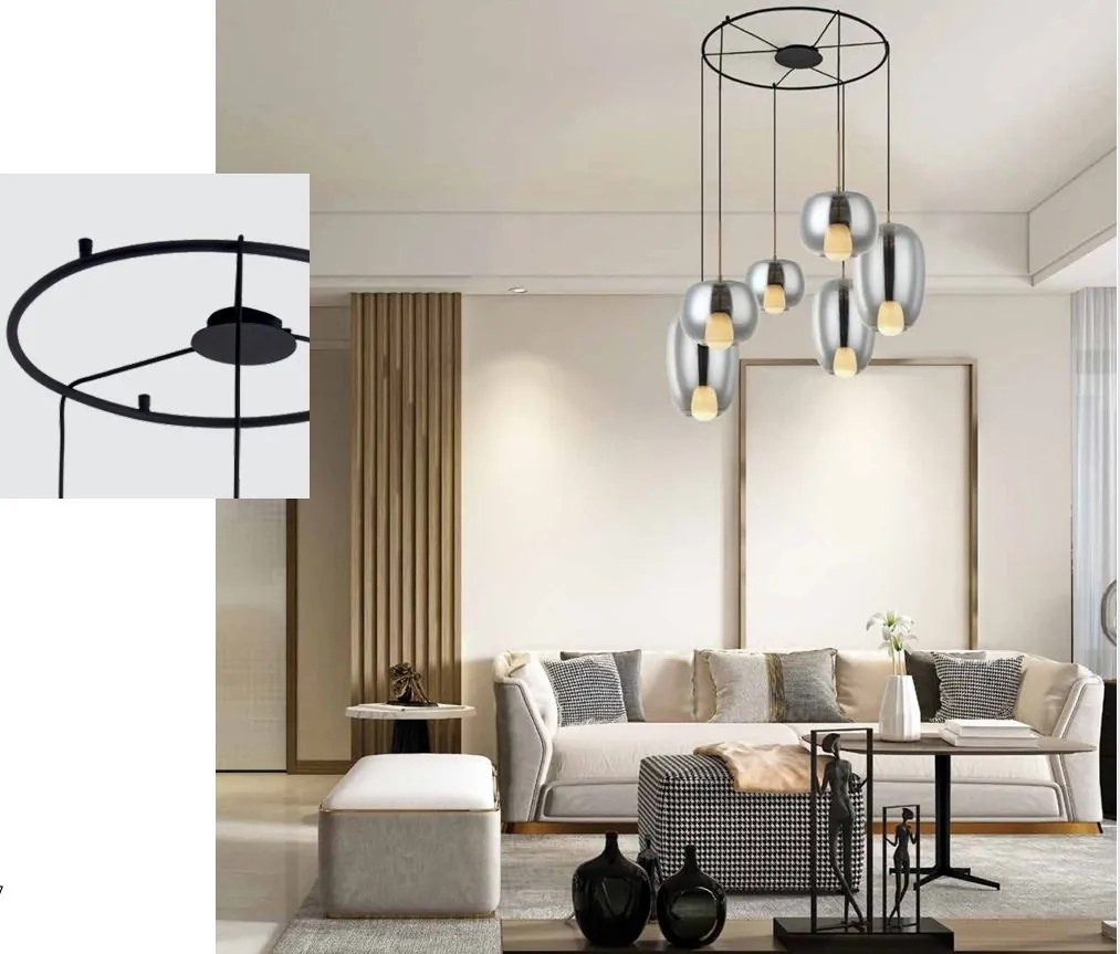 Lustra cu 6 Pendule, Sticla, Fumuriu, 6XG9 Pendant