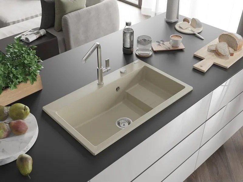 Mexen Omar chiuvetă de granit cu 1 compartiment 800 x 480 mm, bej, sifon crom - 6520801005-69