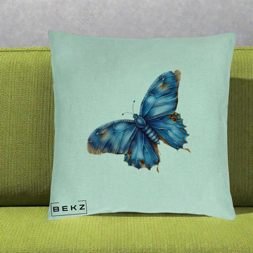 Perna Decorativa Fluture Albastru Satin cu Pete Aurii, 40x40 cm, Verde Menta, Husa Detasabila, Perna Inclusa, BEKZ®