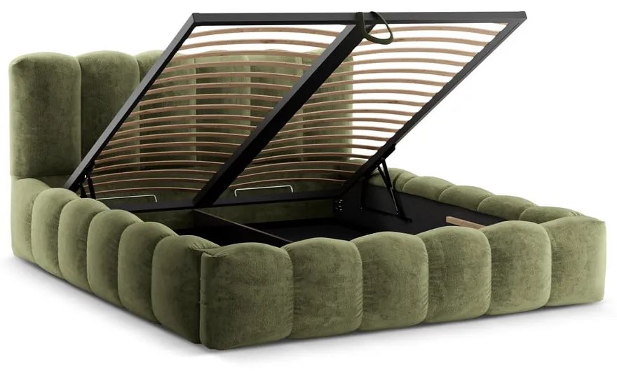Pat matrimonial verde tapițat cu spațiu de depozitare cu somieră 200x200 cm Lupine – Micadoni Home