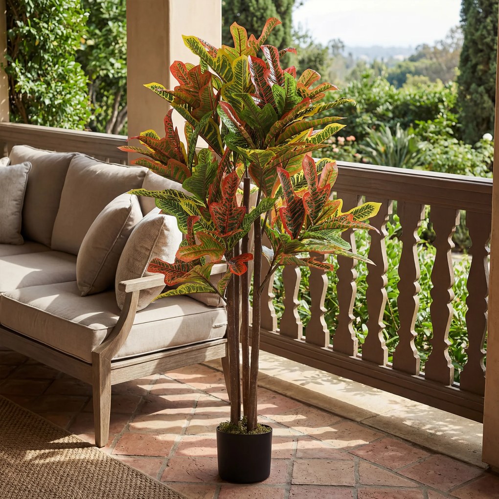 HOMCOM Plantă Artificială Croton cu 139 Frunze Modelabile și Ghiveci Alb din PP și Ciment, Plantă Falsă din PEVA și Lemn, 55x55x120 cm, Multicolor | Aosom Romania