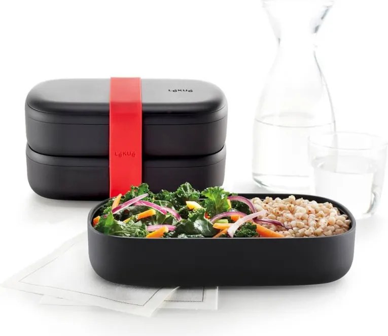 Set 2 cutii pentru pranz/alimentare Lekue On The Go 1010222, 2x500 ml, Tacamuri incluse, Polipropilena, -20°C/+100°C, Negru