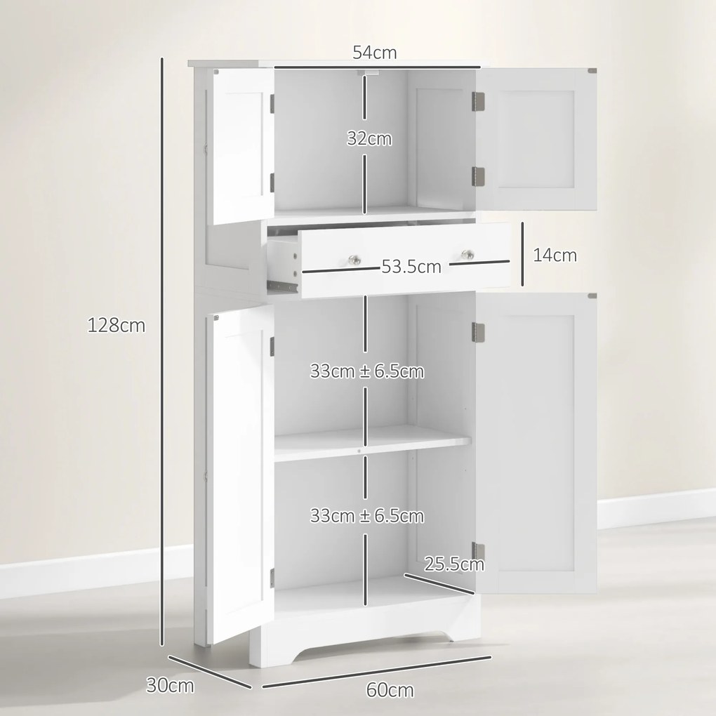 HOMCOM Armoire de cuisine buffet cuisine cu placarde, rafturi reglabile, sertar, 60 x 30 x 128 cm, alb | Aosom Romania