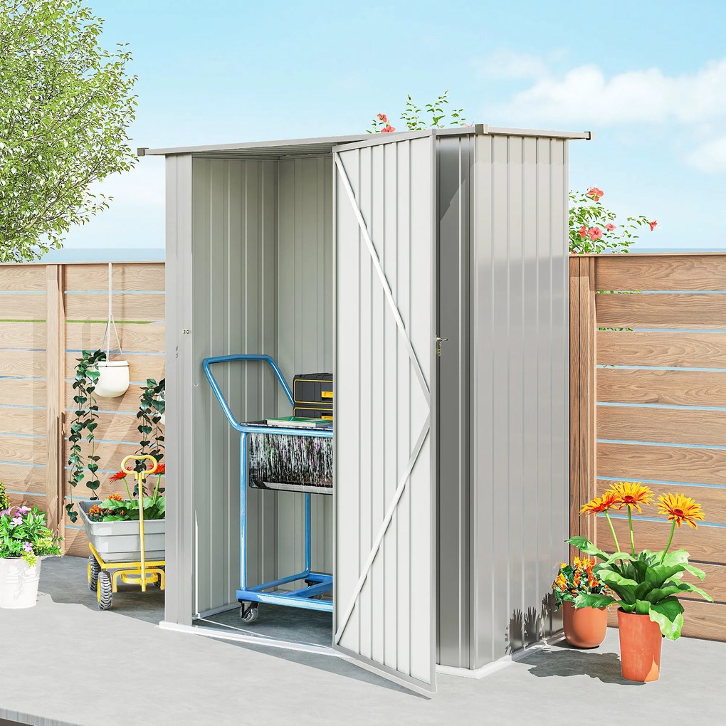 Outsunny Șopron de Grădină 1,07m² din Oțel Galvanizat, Depozit pentru Unelte cu Ușă Blocabilă și Acoperiș Înclinat, 142x86x189 cm, Argintiu | Aosom Romania