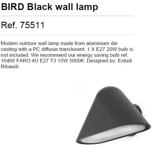 APLICA de perete exterior cu protectie IP44, BIRD neagra 75511