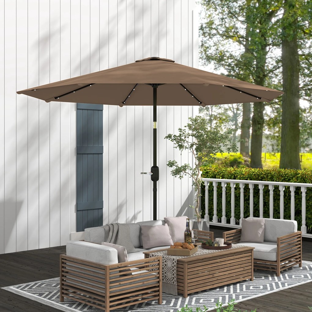 Umbrelă de grădină Ø265 cm cu 32 LED-uri solare, manivelă și tijă din oțel pentru patio terasă Outsunny, kaki | Aosom Romania