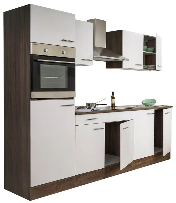 Mobilă de bucătărie Yorki cu corp din stejar Yorki, față alb satinat, dimensiune 270 cm