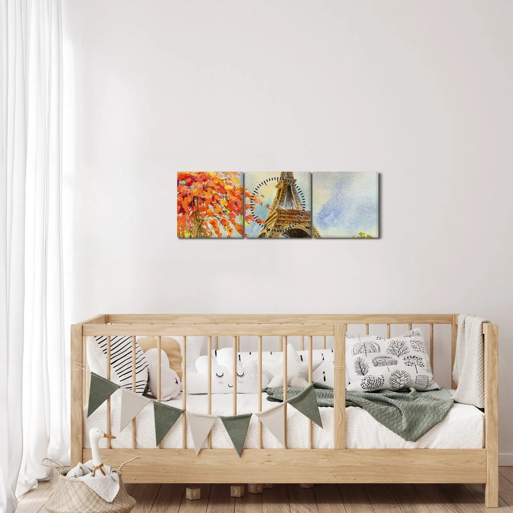 Tablou pictat cu turnul Eiffel (cu ceas) (90x30 cm)