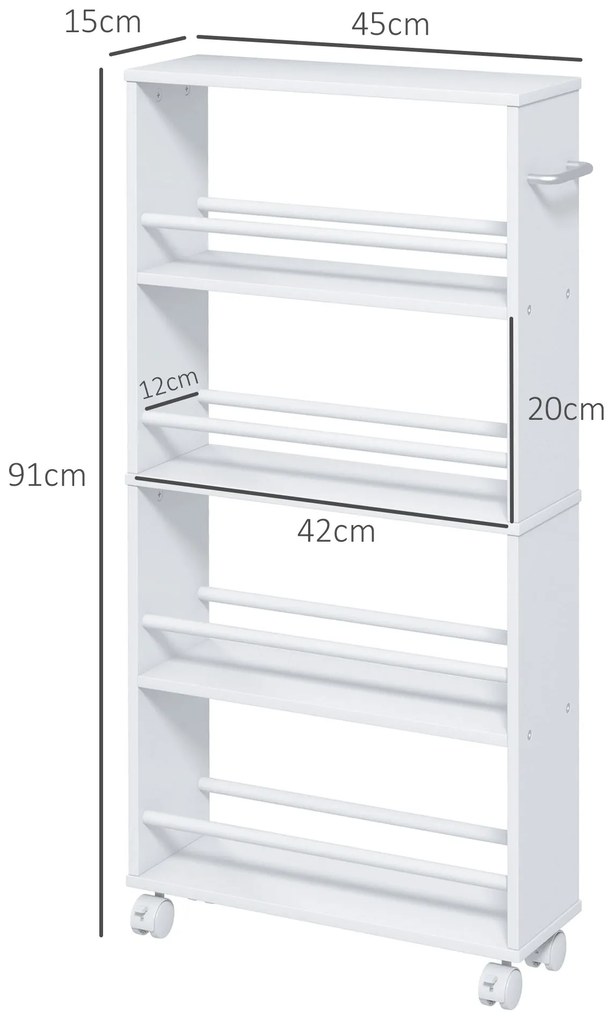HOMCOM Cărucior de depozitare cu 4 niveluri, cărucior cu role și mânere, cărucior îngust, 45 x 15 x 91 cm, alb | Aosom Romania