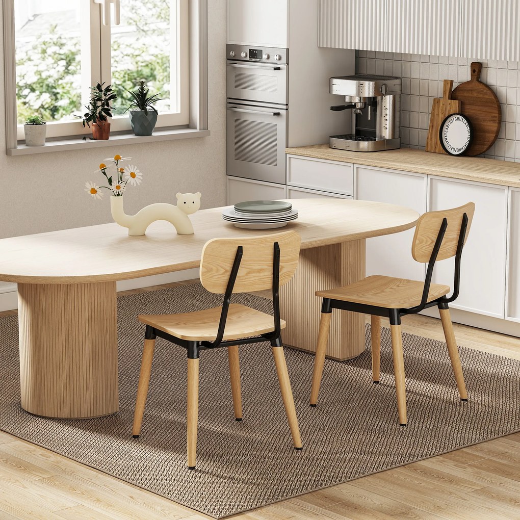 HOMCOM Lot de 2 scaune de dining moderne cu picioare din oțel și spătar curbat, aspect lemn natural | Aosom Romania