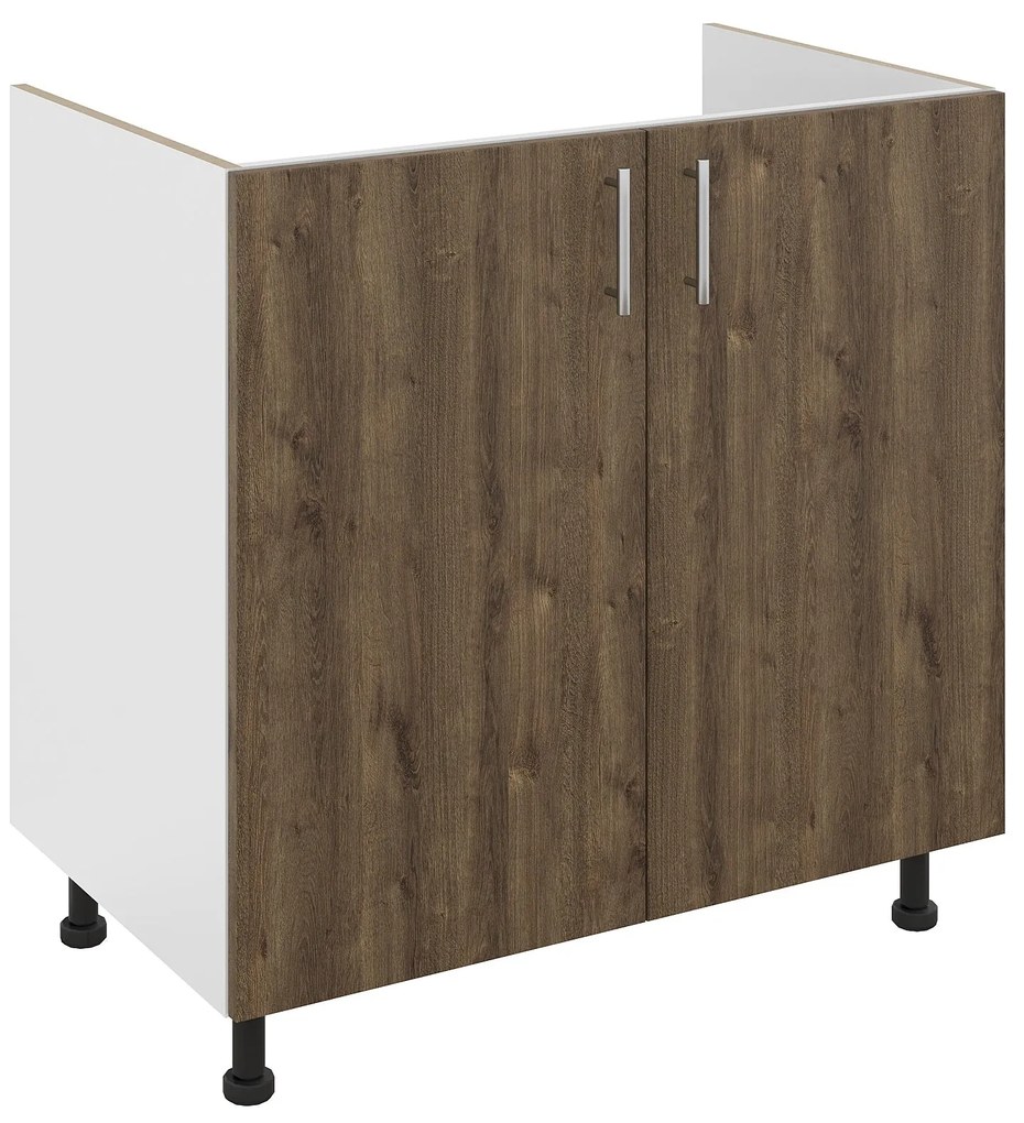 Set Masca Chiuveta Karo, Stejar Bronz/Alb, 80 x 50 x 80 cm, Chiuveta Inox, Cuva stanga, Baterie Flexibila