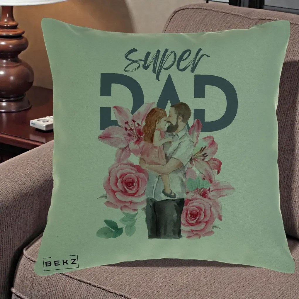 Cadou pentru Tata - Perna Personalizata Super Dad Tata cu Fetita si Flori, 40x40 cm, Verde, Husa Detasabila, Perna Inclusa, BEKZ®