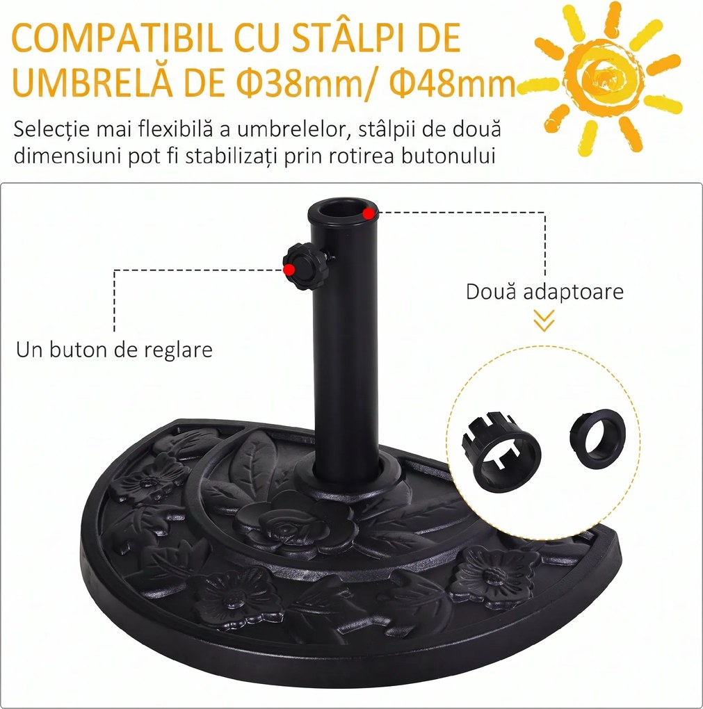 Outsunny Bază pentru Umbrelă Semicirculară de Ø38 mm si Ø48 mm cu Manivelă, 50x31x32 cm, Negru | Aosom Romania