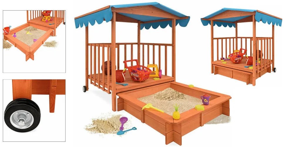 Casuta de joaca din lemn cu lada de nisip si acoperis parasolar