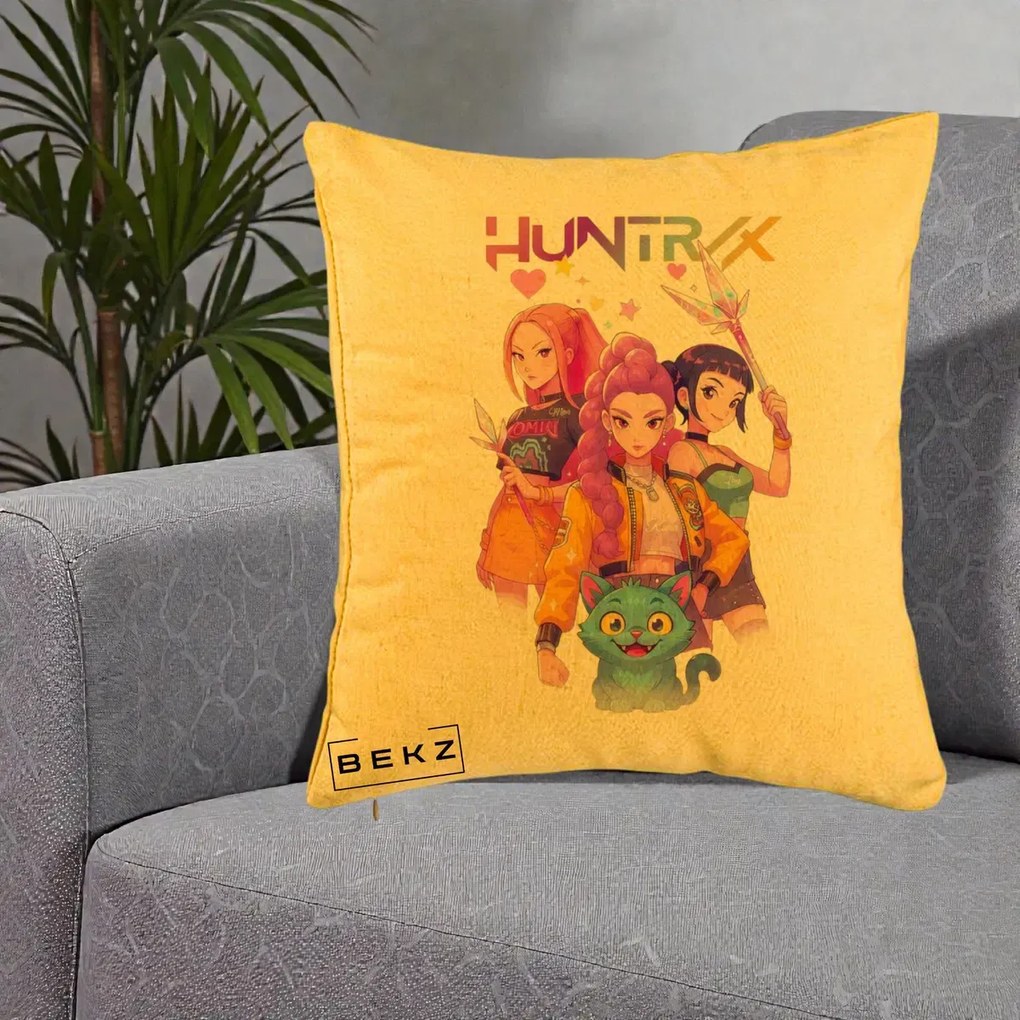 Perna Personalizata K-pop HUNTRX Trio Foto cu Pisica, 40x40 cm, Galben, Husa Detasabila, Perna Inclusa, BEKZ®
