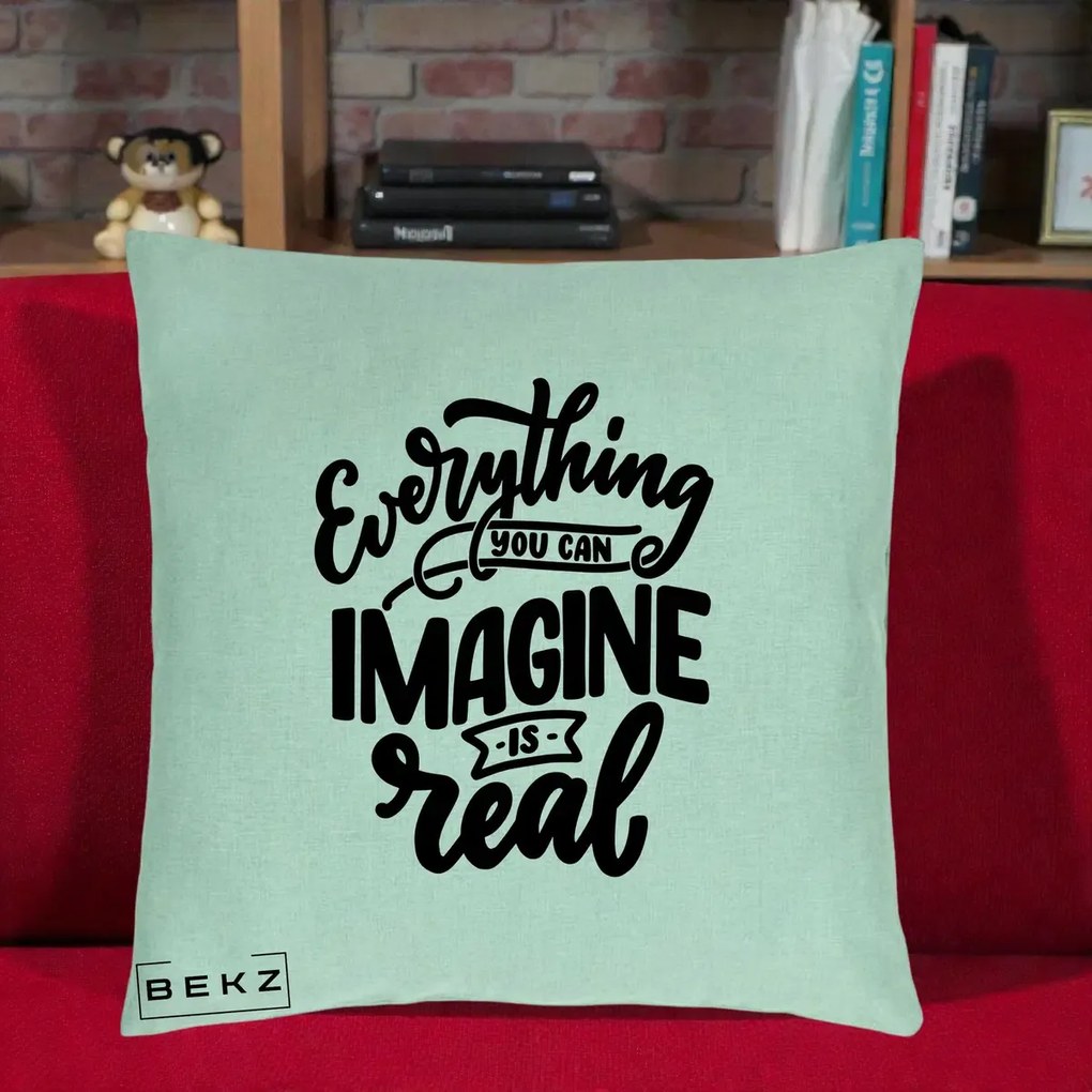 Perna Decorativa Everything You Can Imagine Is Real, 40x40 cm, Verde Menta, Husa Detasabila, Perna Inclusa, BEKZ®