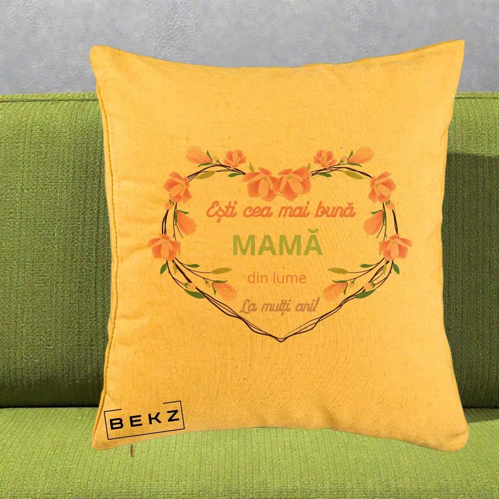 Cadou pentru Mama - Perna Personalizata Esti Cea mai Buna Mama din Lume La Multi Ani cu Inima Florala, 40x40 cm, Galben, Husa Detasabila, Perna Inclusa, BEKZ®